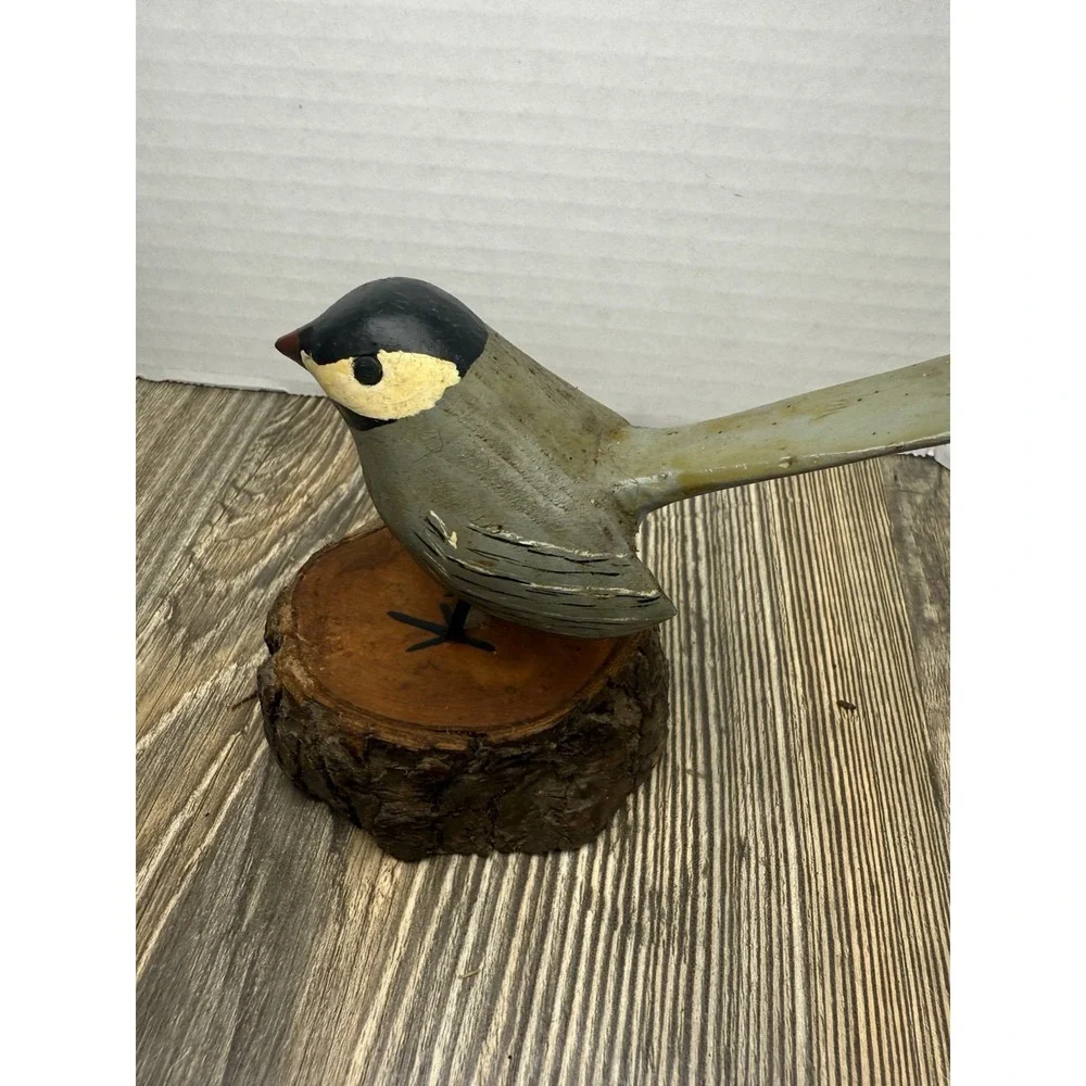 Hand Carved Wooden Chickadee Bird On A Log